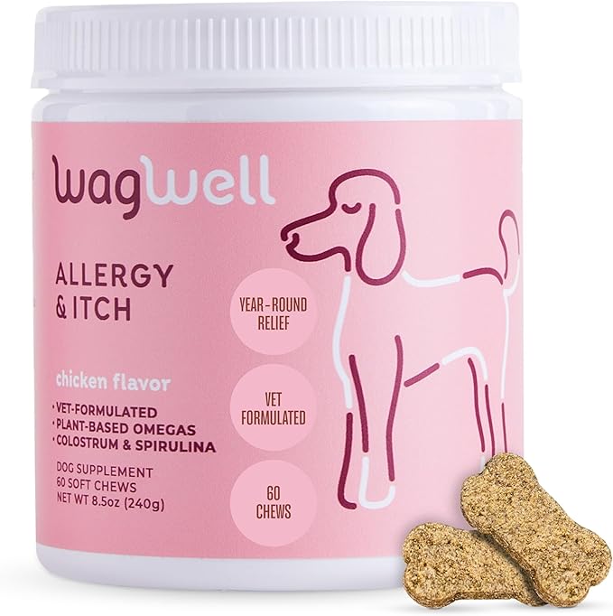 WagWell Allergy & Itch Chews for Dogs | Vet Formulated for Allergy Relief, Itchy Skin, Gut & Immune Support | for Dogs of All Ages & Sizes, All Natural, Made in USA | Chicken Flavor, 60 Chews