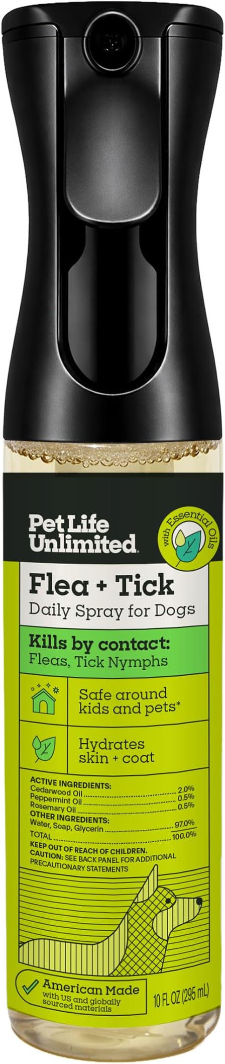Pet Life Unlimited Natural Flea & Tick Spray for Dogs, 10 oz, Plant-Based Prevention & Treatment with Essential Oils, Kill & Repel Fleas, Ticks & Eggs, Soothes Itchy Skin, Daily Use