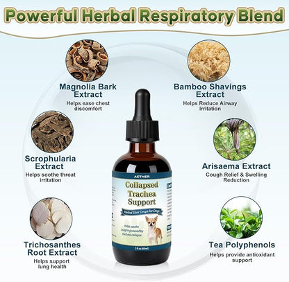 Collapsed Trachea Support for Dogs, Support Tracheal & Respiratory Health, Trachea Cough Elixir, Airway & Throat Comfort Drops for Small Breeds, Dogs Dry Hacking Cough Relief, Herbal Formula 2 fl oz