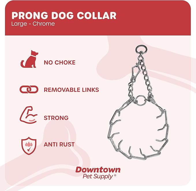 Downtown Pet Supply Chrome Plated Prong Collar for Dogs, Large - Adjustable, No-Choke and No Pull Dog Collar with Removable Links - Pinch Collar for Dogs Over 50 lbs and 22" Neck Width