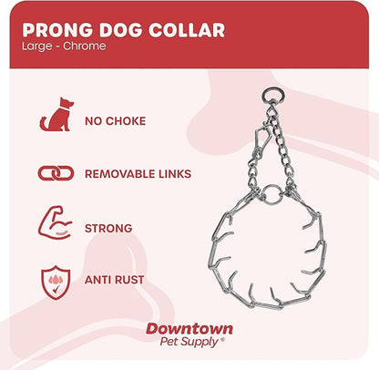 Downtown Pet Supply Chrome Plated Prong Collar for Dogs, Large - Adjustable, No-Choke and No Pull Dog Collar with Removable Links - Pinch Collar for Dogs Over 50 lbs and 22" Neck Width