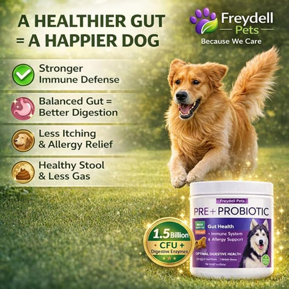 Freydell Pets Probiotics for Dogs– Digestive Enzymes, Prebiotics & Fiber Soft Chews – Gut Health, Diarrhea Relief, Yeast Balance, Immune Support, Pumpkin & Papaya – Dog Probiotic Supplement 120 Chews
