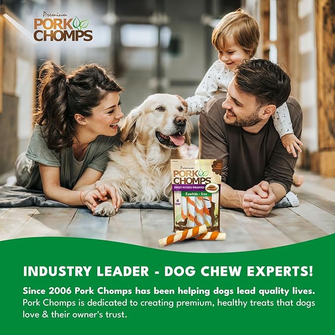 Pork Chomps Baked Pork Skin Dog Chews, 6 Inch Twists, 4 Count - Sweet Potato Wrap - Long-Lasting Treats for Dogs - High Protein, Rawhide-Free, Low Fat, Healthy & Delicious Chews