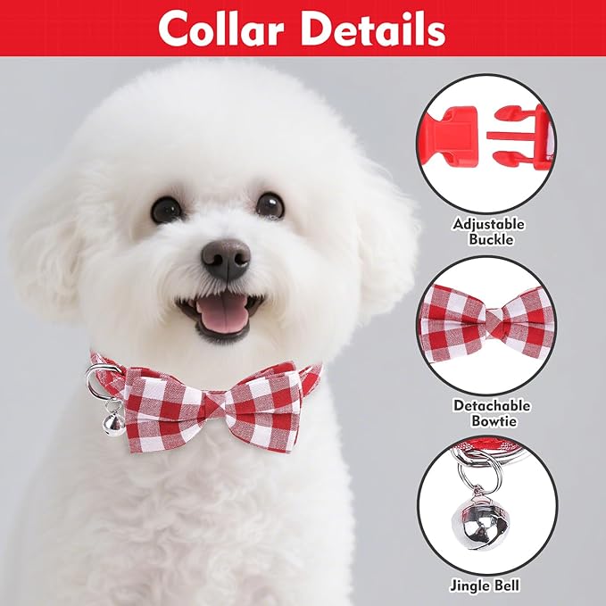 EXPAWLORER Cute Dog Harness Collar Leash Set - Red Girl Dog Harness Checkered Step-in Design, Detachable Bow Pet Collar, Adjustable No-Choke Lightweight Mesh Vest for Cats Puppy Small Dogs, XS