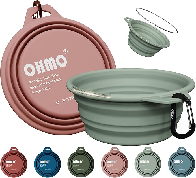 OHMO Collapsible Dog Water Bowls w/Built-in Stainless Steel Ring – 2pcs Large 27oz/800ml Portable Silicone Pet Feeding Bowl for Hiking, Camping, Travel