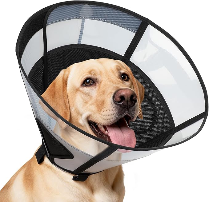 Soft Dog Cone Collar for Large Dogs, Mesh Windows Transparent E Collar for Dog, Anti-Bite Lick Wound Healing After Surgery Neuter Safety Practical Comfy Plastic Cone Black L