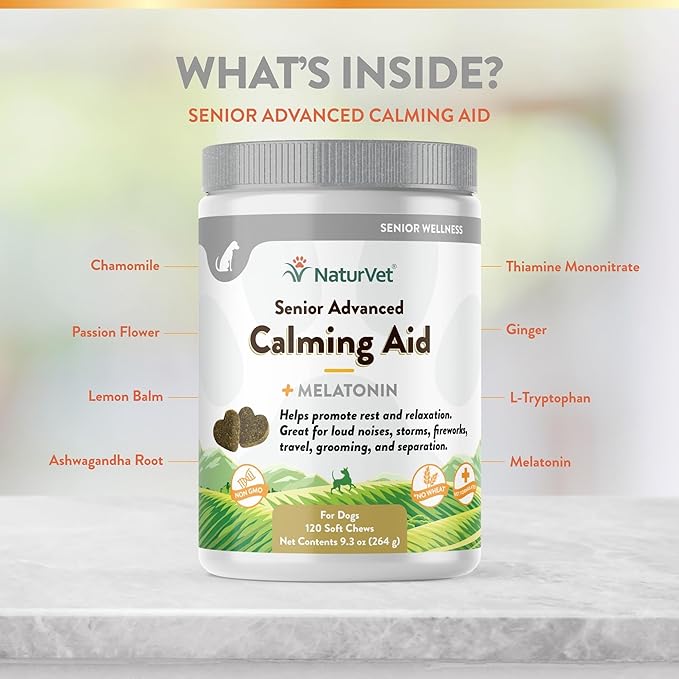 NaturVet Quiet Moments Calming Aid Dog Supplement, Helps Promote Relaxation, Reduce Stress, Storm Anxiety, Motion Sickness for Senior Dogs – 120-Ct. Soft Chews