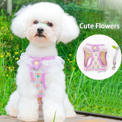 Cat Harness Collar and Leash Set, Sweet Lace Floral Kitten Collar, Escape Proof Puppy Chest Harness, Adjustable Cute Harness Leash Set for Cat Puppy Dog Outdoor Walking (Purple, S)