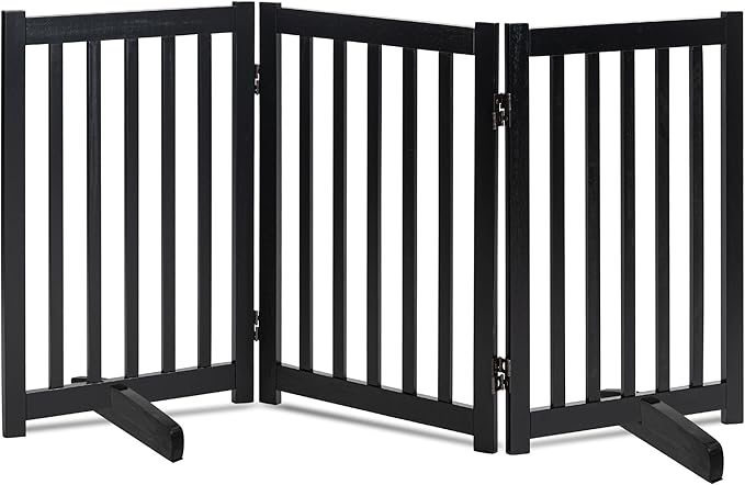LZRS Freestanding Dog Gate 30 inch Tall - 3 Panels Solid Wooden Pet Gate for Doorways, Stairs & Hallways, Expandable & Foldable with Support Feet，Indoor Use,Black