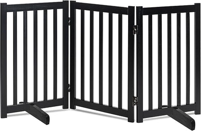LZRS Freestanding Dog Gate 30 inch Tall - 3 Panels Solid Wooden Pet Gate for Doorways, Stairs & Hallways, Expandable & Foldable with Support Feet，Indoor Use,Black