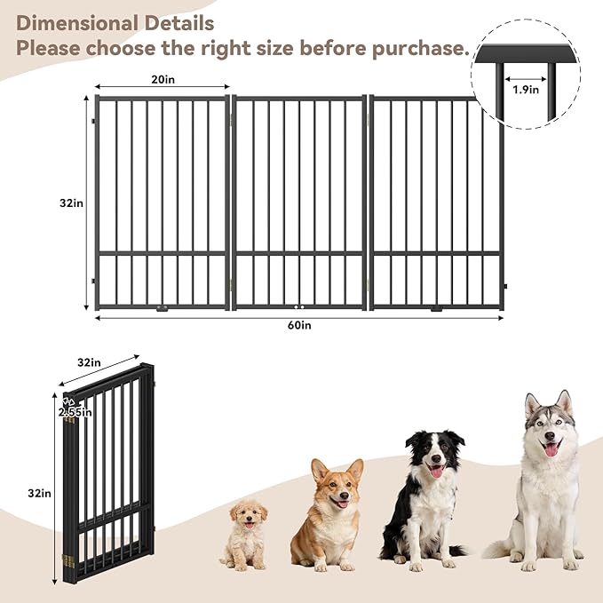 SNUOWU Full Metal Freestanding Dog Gate with Door, 32''Height Foldable Pet Dog Fence for Indoor & Outdoor, 3 Panels Extra Wide Free Standing TallDog Gates for Doorways,House,Stairs,Porch,Deck,Yard