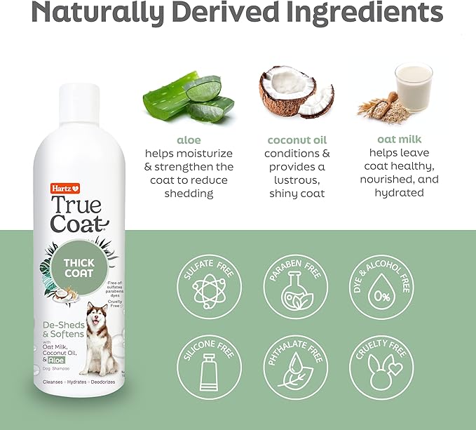 Hartz True Coat Thick Coat Dog Shampoo, 5 in 1 De‑Sheds & Softens with Oat Milk, Coconut Oil & Aloe, 16 oz