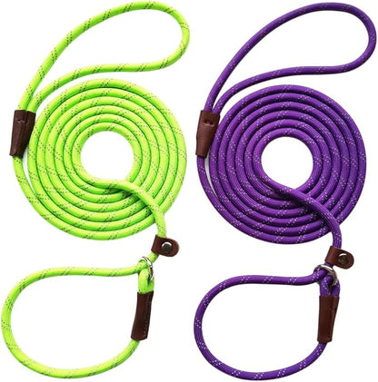 WYUZE 2 Pack 8 ft Slip Lead Dog Leash, Reflective No Pull Dog Training Lead, 1/3" Nylon Rope Slip Leash for Small Medium Dogs (Purple+Green)