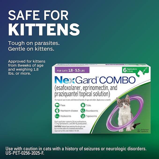 NexGard® Combo (esafoxolaner, eprinomectin, and praziquantel Topical Solution) Flea and Tick Protection Plus Heartworm Disease Preventive for Cats, 1.8-5.5 lbs. (Purple Box) 3 Doses (3 Month Supply)