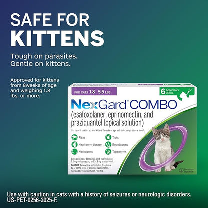 NexGard® Combo (esafoxolaner, eprinomectin, and praziquantel Topical Solution) Flea and Tick Protection Plus Heartworm Disease Preventive for Cats, 1.8-5.5 lbs. (Purple Box) 3 Doses (3 Month Supply)