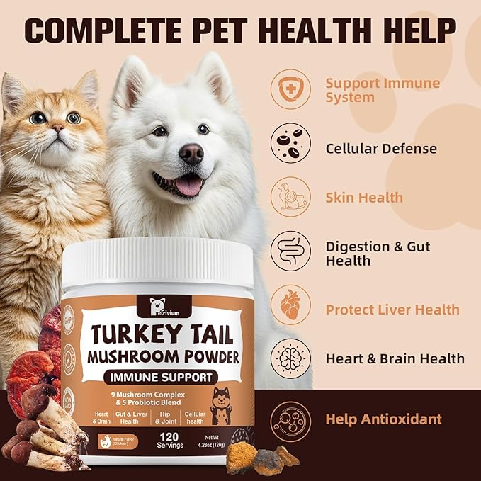 Mushroom Supplement with Probiotics for Dogs & Cats, Turkey Tail Mushroom for Pets - Mushroom Powder for Immune Boost & Overall Health- Partner Guard for Dogs Lumps and Bumps 2 Pack