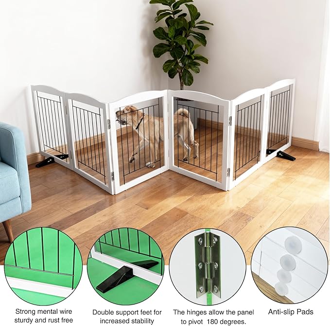 ZJSF Freestanding Dog Fence Indoor, Foldable Dog Gate for Doorways, Stairs or Hallways, Sturdy Wood Extra Wide Pet Gate with Support Feet for The House, White, 24 "Height-6 Panels