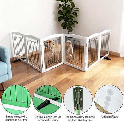 ZJSF Freestanding Dog Fence Indoor, Foldable Dog Gate for Doorways, Stairs or Hallways, Sturdy Wood Extra Wide Pet Gate with Support Feet for The House, White, 24 "Height-6 Panels
