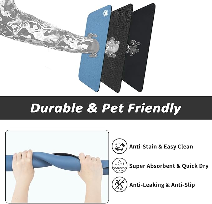 HotLive Dog Food Mat - Absorbent Cat Mat for Food and Water, No Stains Pet Feeding Bowl Mat, Easy to Clean Pet Placemats, Quick Dry Dog Water Dispenser Mat for Messy Drinkers | Paw Blue 18"x34"