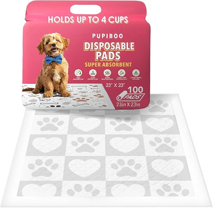 Pupiboo Disposable Dog and Cat Training Pads (100 Count) – 23x23 in Highly Absorbent Pee Pads, Leak Proof Backing, Pheromonal Attractant for Housebreaking and Indoor Potty Training