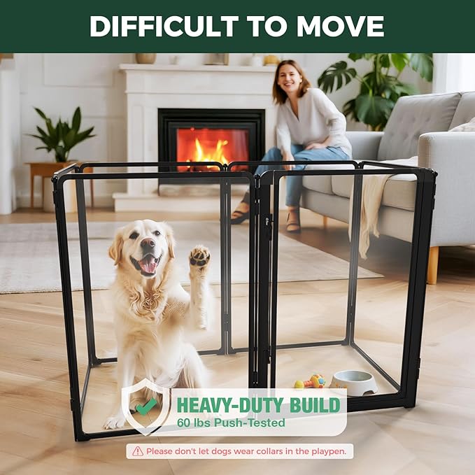 FXW AuraSpace Pro Acrylic Indoor Dog Playpen, Heavy-Duty with Metal Frame, 40" Height 6 Panels for Medium and Large Dogs, Black│Patented
