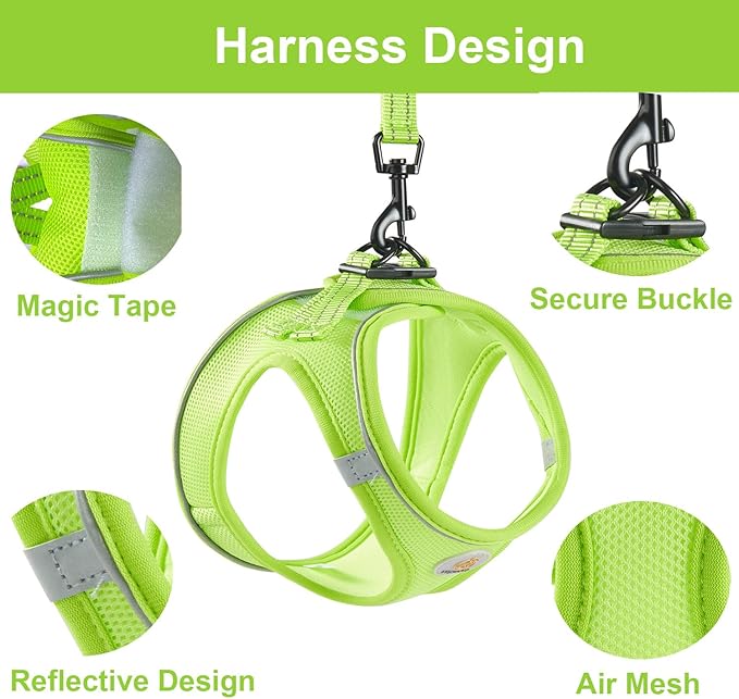 Hipubby Dog Harness and Leash Set, No Pull Soft Mesh Puppy Harness for Small Medium Dogs, Cats - Step in Reflective Breathable Lightweight Vest Harness for Walking, Training - Bright Green, M