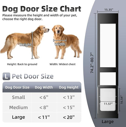 Dog Door for Sliding Glass Door with Magnetic Plastic Flat, Sliding Door Pet Doggie Door Insert with Lock, Adjustable Height No-Cut Required Doggy Door Access Renters, Apartments, Patio (Black, L)