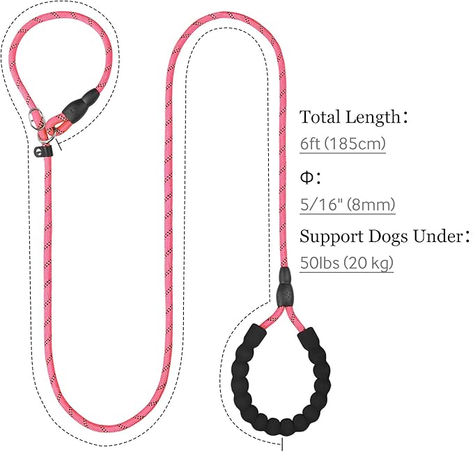 TagME 6ft Slip Dog Lead, No Pull Reflective Training Leash with Padded Handle, Professional Rope P-Leash for Small Medium Large Dogs, Heavy Duty Correction Lead for Walking & Training (Pink)