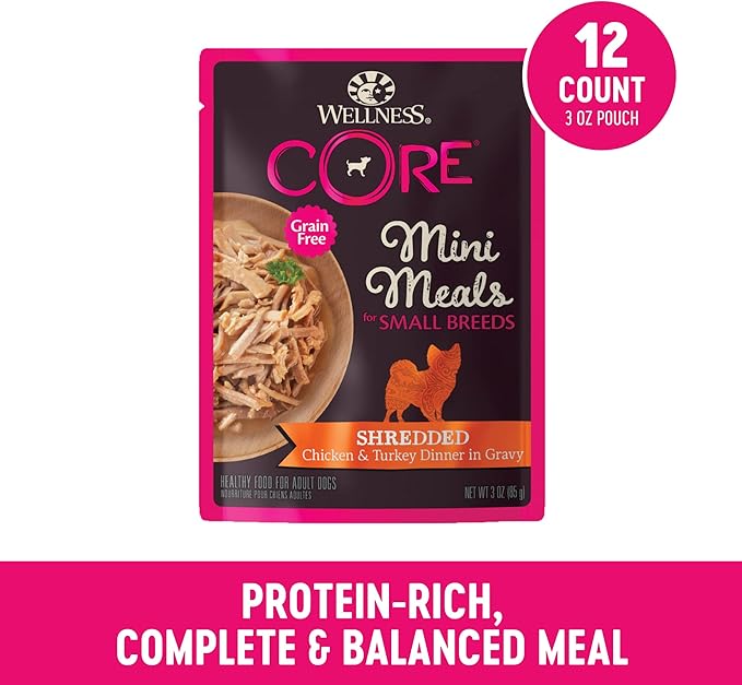 Wellness CORE Small Breed Mini Meals Shredded in Gravy Adult Wet Dog Food, Grain Free, Natural, Chicken and Turkey Dinner Recipe, 3 oz, Pack of 12 Pouches