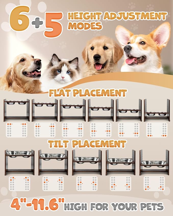 Jovrun Elevated Dog Bowls, Adjustable Raised Dog Bowl Stand for Medium Size Dogs and Cats, Durable Bamboo Dogs Feeder with 2 Stainless Steel Bowls and Non-Slip Feet, Pet Food Bowl for Medium Sizes
