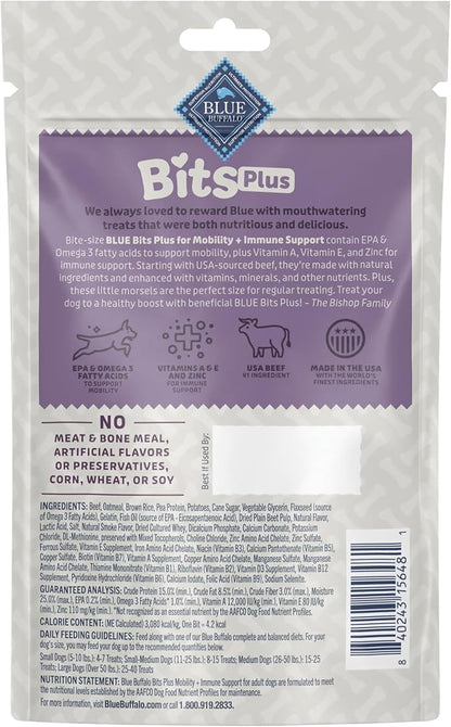 Blue Buffalo Blue Bits Plus Mobility and Immune Support Daily Benefit Dog Treats, Soft & Chewy Beef Morsels, 3.5-oz. Bag