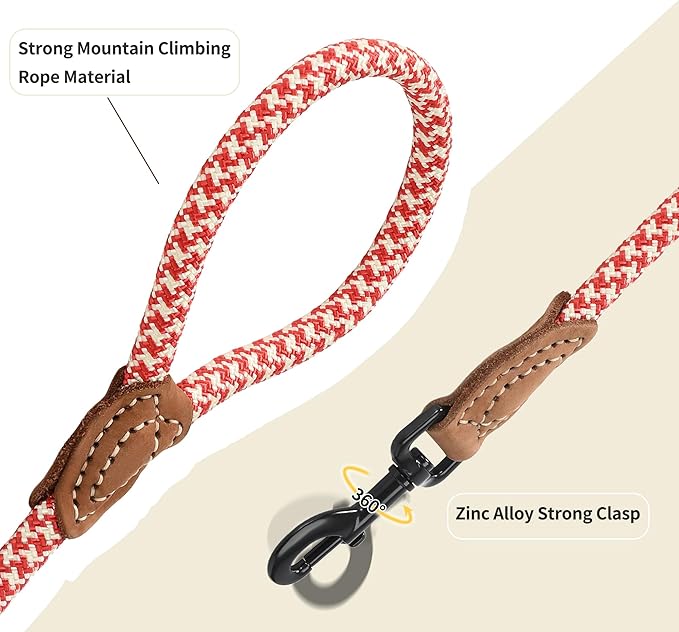 Mile High Life | Mountain Climbing Dog Rope Leash with Heavy Duty Metal Sturdy Clasp | Genuine Leather Tailored Connection with Strong Stitches (Red Khaki1, 48 Inch (Pack of 1))