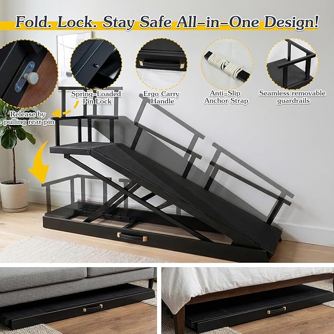 6 Level Height Adjustable Dog Ramp for Bed, Couch 65" Foldable Pet Ramp with Non-Slip Mat，DIY Glow Strips & Rest Platform Heavy Duty Dog Stairs for Large Dogs up to 200Lbs ，Black