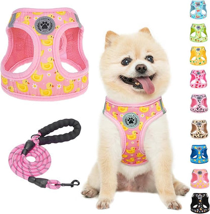 BEAUTYZOO Dog Harness Medium Sized and Leash Set, Step-in Soft Padded Mesh Puppy Vest, Reflective Dog Harness No Pull No Choke, Breathable Easy Walking Vest Harnesses for Girl Boy Pets,Pink Ducks M