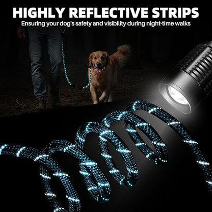 SlowTon Slip Lead Dog Leash, Adjustable 5-7 FT, 1/2” Rope, Heavy Duty Nylon Leashes with Padded Handle & Highly Reflective Threads, No Pull Training Leash for Medium Large Dogs 20-120lb (Light Blue,L)