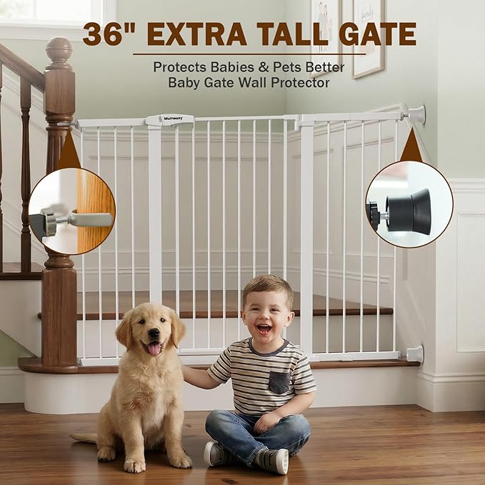 Mumeasy 36" Extra Tall Baby Gate for Doorways, 29.7"-57" Extra Wide Dog Gate for Stairs, Pressure Mounted Auto Close Pet Safety Gate with Easy Walk Thru Door, Large Indoor Child Gate for House, Black