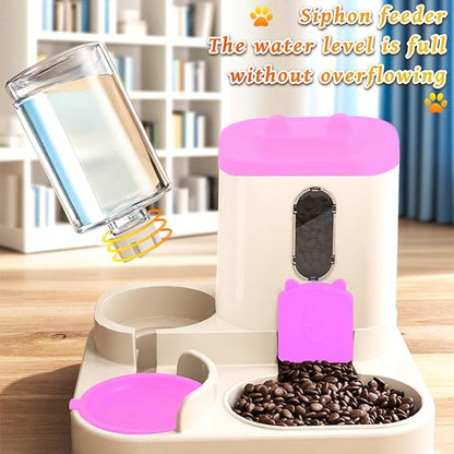 Gravity Cat Feeder and Water Dispenser, 2 in 1 Automatic Cat Feeder, 2 Pack Large Capacity Self Feeding for Small Medium Dog Puppy Kitten （Pink）