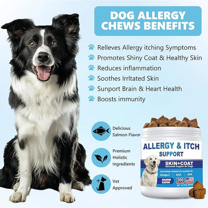 Dog Allergy Chews 200ct, Dog Allergy and Itching Skin Relief Bites Anti-Itch Skin & Coat Supplement Immune Support with Colostrum for Itchy Skin and Itchy Ears Licking Paws for Dogs Seasonal Allergies