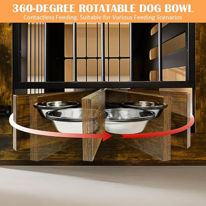 63" Dog Crate Furniture for 1 or 2 Dogs, Heavy Duty Single/Double Dog Kennel with Bowls, Farmhouse Wood Metal Dog Cage for Small/Medium/Large Dogs, Brown