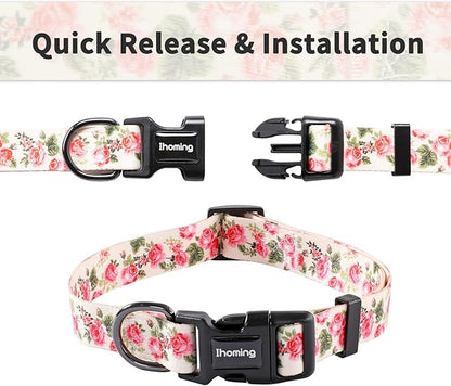 Ihoming Dog Collar and Leash Set for Daily Outdoor Walking Running Training, Pink Flowers Design for Medium Boys Girls Dogs Cats Pets, M-Up to 45LBS