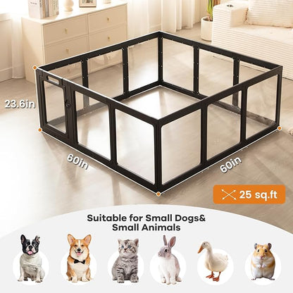 Clear Acrylic Dog Playpen Indoor, Puppy Cat Small Pet 2 Room Play Pen, Pet Cat Playpen for Rabbits, Dog Fence Crate Kennel Whelping Cage (24", Black, 12 Panel)