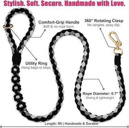 Handmade 5ft Braided Cotton Dog Leash with Unique Floral Handle, Durable and Stylish, Ideal for Small to Large Dogs, Black