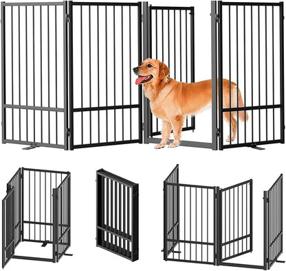 SNUOWU Full Metal Freestanding Dog Gate with Door, 32''Height Foldable Pet Dog Fence for Indoor & Outdoor, 4 Panels Extra Wide Free Standing TallDog Gates for Doorways,House,Stairs,Porch,Deck,Yard