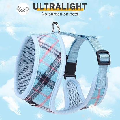 SCENEREAL Puppy Dog Harness with Leash Set for Small Medium Sized Dogs, Soft Mesh Pet Harnesses and Leash, No Chock Plaid Adjustable No Pull Vest for Dogs Cats, Chihuahua,Bulldog (Blue XS)