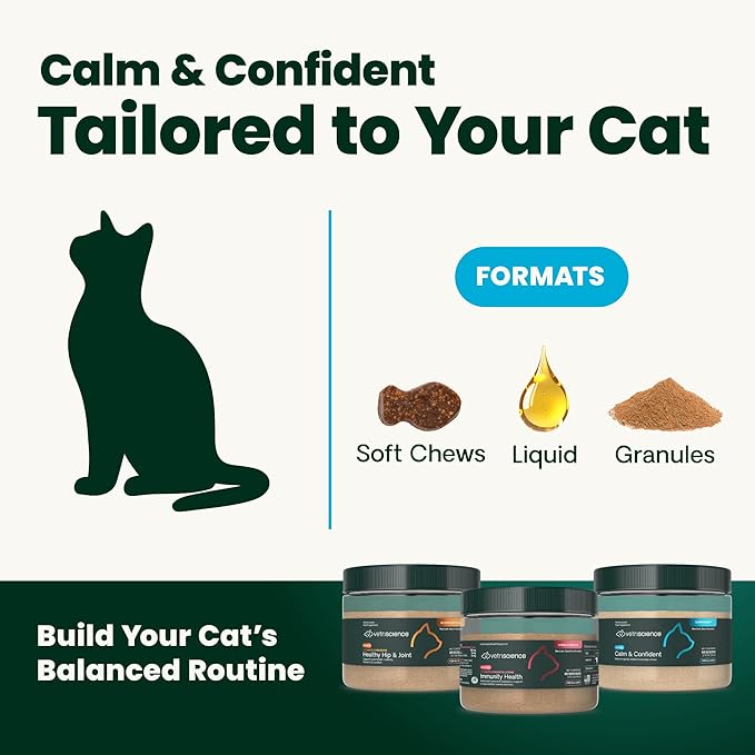 VetriScience Calm & Confident Powder, Composure Calming and Anxiety Supplement for Cats, Reduce Stress and Fear, Ideal for Travel, Vet, Grooming and Routine Changes, Cheese & Chicken Flavor, 60 Scoops