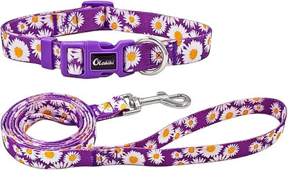 Dog Collar and Leash Set, Cute Daisy Pattern, Polyester Material, 5ft Leash, for Puppy Dogs.(Extra Small,Purple Daisy)