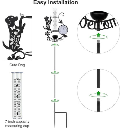 Rain Gauge Outdoor with Thermometer, 7" Capacity Detachable Rain Gauges Outdoors Best Rated with Stake, Cute Dog with Flowers & Butterflies Design Decorative for Garden Yard, Easy-Read Durable
