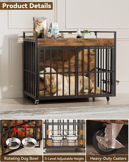 43 Inch Dog Crate Furniture, Heavy Duty Dog Kennel with 3 Doors, 2 Adjustable Bowls and Lockable Wheels, Wooden Dog House for Large Dogs, End Table Dog Cage, Rustic Brown