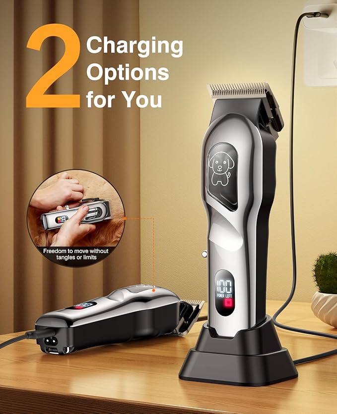 Dog Clippers for Grooming, Dog Grooming Kit for Heavy Thick Hair, Low Noise Cordless Pet Hair Trimmer with Stainless Steel Blade, Professional Rechargeable Hair Trimmer for Dogs and Cats M-Silver