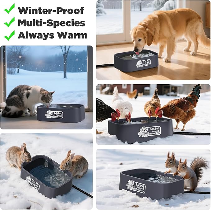 IPOW Extra Large Heated Water Bowl - 5.5L Outdoor Heated Dog Bowl with Long Cord, Keep Water Warm at 77-95℉ for Cats Dogs Rabbit Chicken Duck, BPA-Free, Gray, Rectangular, 1.5 Gallons, 194 fl oz